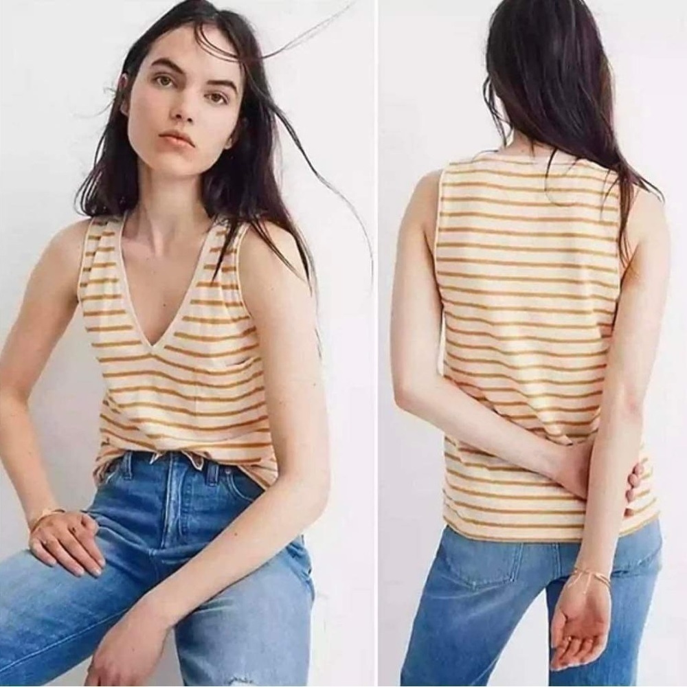Madewell Deep V Yellow Striped Tank